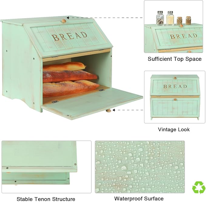HOMEKOKO Retro Double Layer Large Bread Box for Kitchen Counter, Mint Green | Keeps Bread Fresh 3-4 Days, 2-Tier Capacity Fits 2+ Loaves,Suitable For Farmhouse/Rustic Kitchens Use, Retro Design