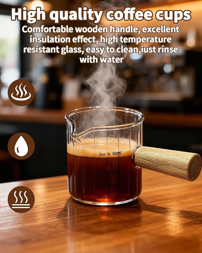 Espresso Measuring Cup 3 Oz, Espresso Glass Cups with Wood Handle, Milk Frothing Cup, Espresso Cup for Coffee, Milk, Tea or Maple Syrup Serving
