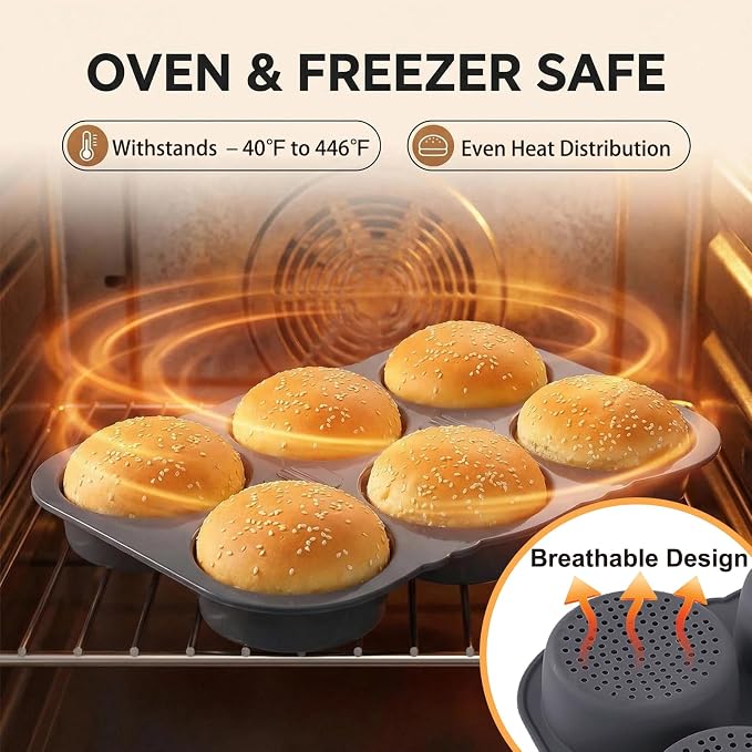 6-cavity Silicone Hamburger Bun Pan, Nonstick & Heat Resistant Burger Bun Pan, Bread Baking Pan for Hamburger Bun, English Muffin, Cinnamon Roll, Mini Sourdough, Bread Pans for Homemade Bread