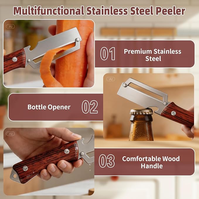 Multifunctional Vegetable Peeler for Peeling Potato Carrot(2 Pack) | 2 in 1 Stainless Steel Peeler Knife | Bottle Opener Function | End Hook Design | Fruit Cucumber Slicer