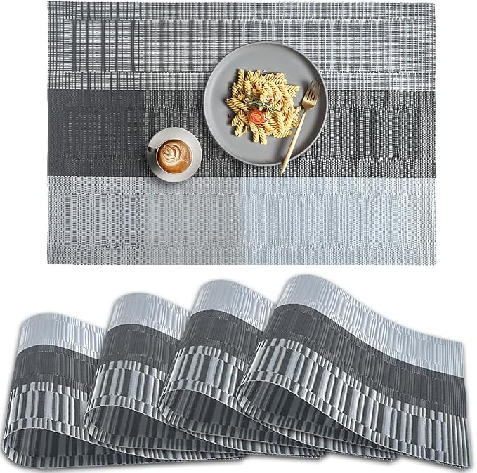 homEdge PVC Placemat, 4 PCS of Non-Slip Heat Resistant Place Mats, Washable Vinyl Placemats, Set of 4 – Ombre Silver Gray Black