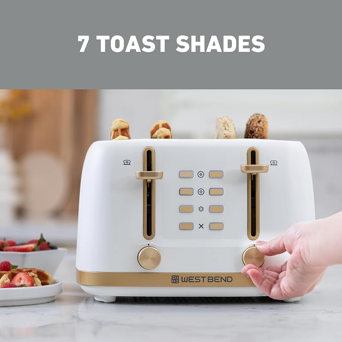 West Bend Timeless 4-Slice Toaster, Stainless Steel, in White Gold | West Bend Timeless 4-Slice Toaster, Bagel, Waffle, Defrost, High-Lift Lever, Stainless Steel, in White Gold