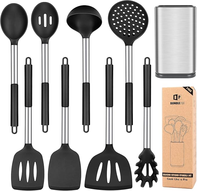 Silicone Cooking Utensils Set, 8 Pcs Kitchen Utensils with Holder, Black | BPA Free and Heat Resistant, Kitchen Tools for Non Stick Cookware include Spatulas, Turners, Spoons, Skimmer and Pasta Fork