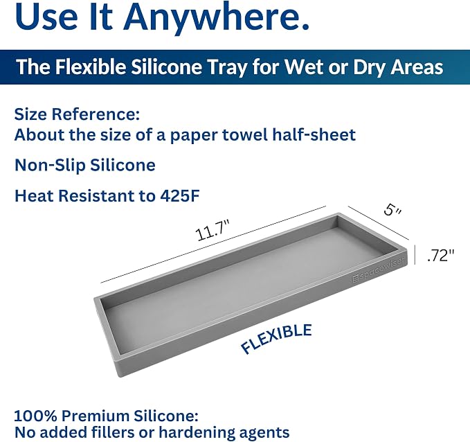 Countertop and Vanity Tray - 11.7" Silicone Bathroom Counter Tray, Dish Soap Trays for Kitchen Counter, Sink Organizer Caddy Accessories, Drawer Toilet Plant Shower Makeup Mat Oil Holder
