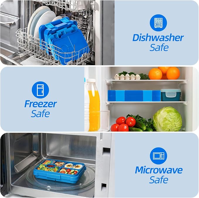 Bento Lunch Box for Kids, 5/6 Compartments, Blue | Dishwasher Safe Back to School Snack Bento Lunch Containers Boxes, Ideal Portion Sizes for On-the-Go Meal, Ages 3+, School