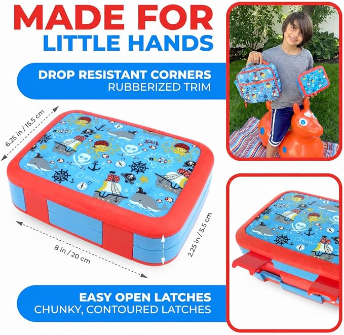 kinsho Kids Bento Lunch Box, Water Bottle, Ice Pack & Bag Set, Blue Pirates | 5 Leakproof Portion Compartments, BPA-Free Removable Tray, Insulated Meal, Snack Container for Toddlers, Pre-School & Daycare