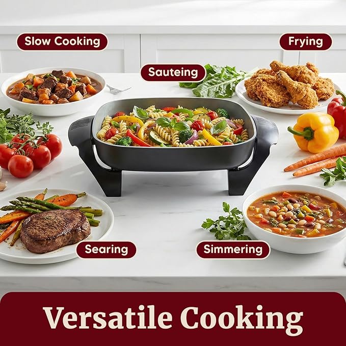 Elite Gourmet Ceralast PFAS-Free Ceramic Electric Skillet, 1200W, Dark Gray | Dishwasher Safe, Rapid Heat-Up Coating, 12"x12" Cooking Surface, Non-Stick for Everyday Meals - 2.15" Deep Design
