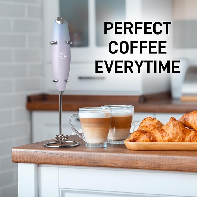 Zulay Kitchen Powerful Milk Frother Wand With Duracell Batteries - Ultra Fast Handheld Drink Mixer - Electric Whisk Foam Maker for Coffee, Lattes, Cappuccino & Matcha - Double Whisk - Cloud