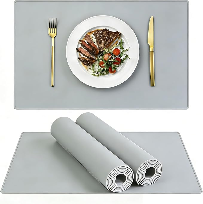 IYYI Silicone Placemats, Dining Placemats Set of 4, Waterproof Placemats for Kids, Heat Resistant Non-Slip Silicone Mats for Dinner Table, Dishwasher Safe (Light Gray, 18.9×11.8)