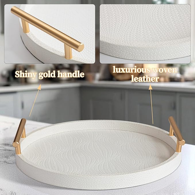 2 Piece White Round Serving Tray with Handles, Woven-Texture Faux Leather Ottoman Tray for Living Room, Decorative Tray for Coffee Table Home Decor