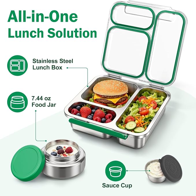 Pawtong Stainless Steel Bento Box Kids Adult with 7oz Insulated Food Jar, Transparent Lid Metal Lunch Box With Soup Thermal Jar, Lunch Box Container with Removable Divider & Sauce Cup School (Green)
