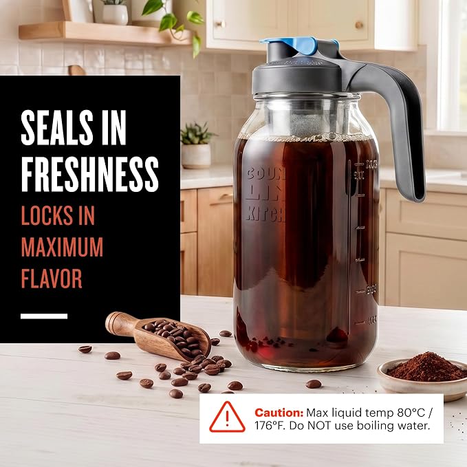 County Line Kitchen 64oz Cold Brew Coffee Maker with Leak Proof Lid - Gray | Glass Cold Brew Coffee Maker - Wide Mouth Mason Jar, Stainless Steel Filter & Leak-Proof Lid (64 oz)