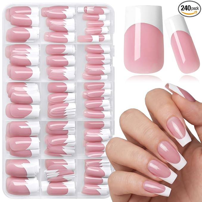 240pc Medium French Tip Press on Nails Square Fake Nails with Glue Tabs | Medium Nails Press ons Square Glue on Nails Pink Acrylic Nails Stick False Nail Artificial Fingernail for Women Girls