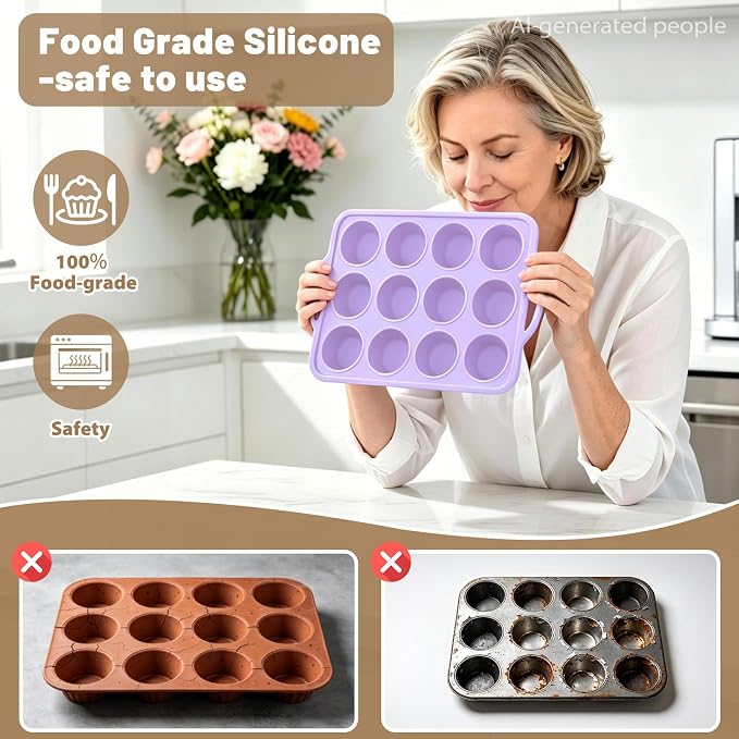 Silicone Muffin Pan Set: Non Stick 12 & 24 Silicone Muffin Pans for Baking | Easy Release - Complete Shaping Each Use Avoid Re-baking - BPA-free Cupcake Tin Reinforced Frame for Oven Home Bakers Vnray