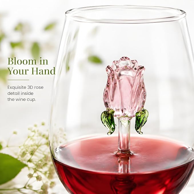 Pumtus Set of 2 Stemless Wine Glassware with Rose Inside, 20 OZ Large Stemless Floral Wine Glasses, Unique Short Wine Tumbler, Romantic Fancy No Stem Beverage Cup for Lover Gift, Wedding, Bar