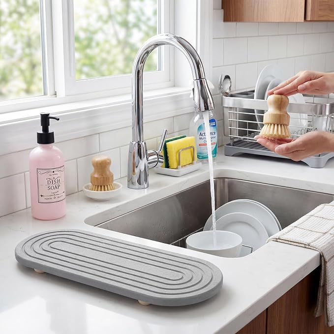 2PCs Fast-Dry Diatomite Sink Tray Organizer Absorbent Light Grey | Absorbent Diatomite Material, 11.8*3.9 in, Versatile Sink Organizer