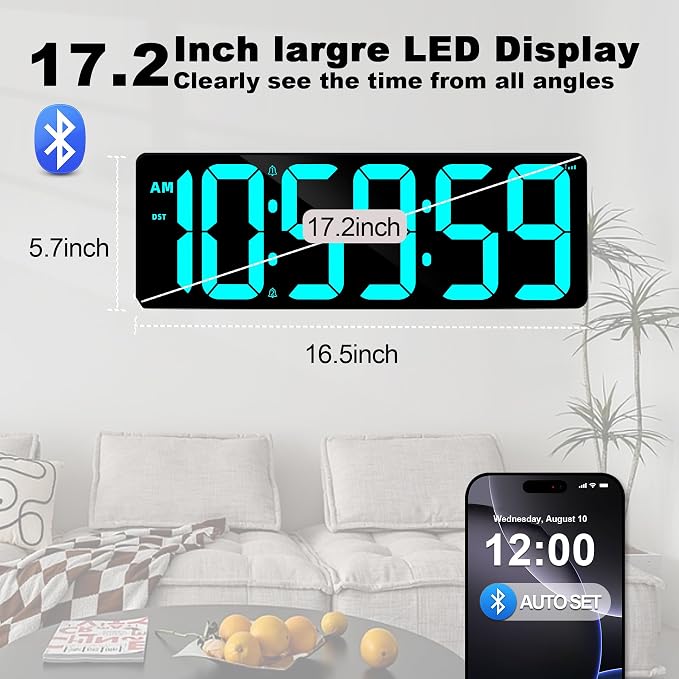 17.2" Bluetooth Digital Wall Clock with Seconds, Large Countdown Timer for Classroom Home Gym Kitchen Office, Alarm Clock with Remote Control, 4 Dimmable Brightness, Auto DST (Ice Blue)