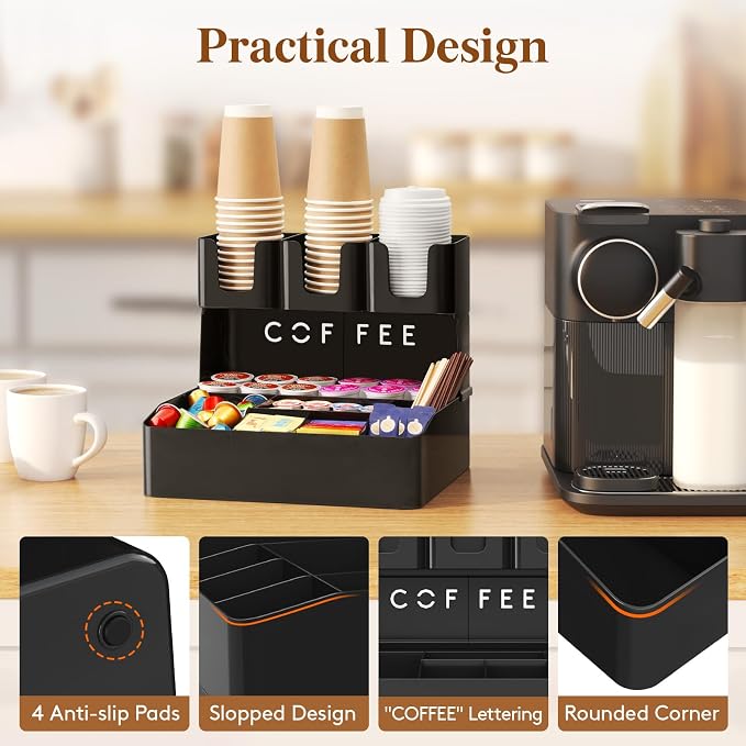 Lifewit 2-tier Coffee Station Organizer, 10 Compartments, Black, Plastic | Countertop Coffee Bar Organizers for Cups, Pods, Sugar, Condiment Holders Storage for Office Breakroom Kitchen Home