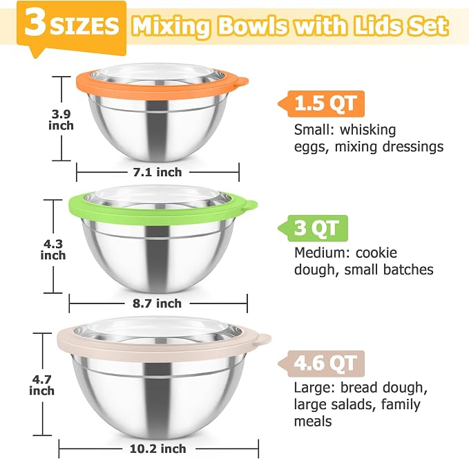 TeamFar Mixing Bowls, 4.5/3/1.5 QT Stainless Steel Nesting Salad Bowls | with Airtight Lids, For Serving/Mixing/Storing/Prepping, Non-Toxic & Sturdy, Visible & Easy Clean, Multi-Color, Set of 3
