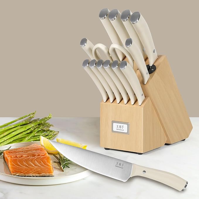 15 Pcs Knife Block Set, Japanese High Carbon Stainless Steel Sharp Blade Knife Set, Razor Sharp Knives Set for Kitchen, Dishwasher Safe, Elegant Box for Men Women, Natural