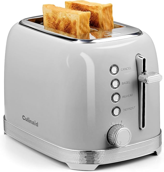 Toaster 2 Slice Retro Stainless Steel, Gray | 1.5” Extra Wide Slots with Bagel, Defrost, Reheat, Cancel Functions, 6 Bread Shade Settings, Removable Crumb Tray
