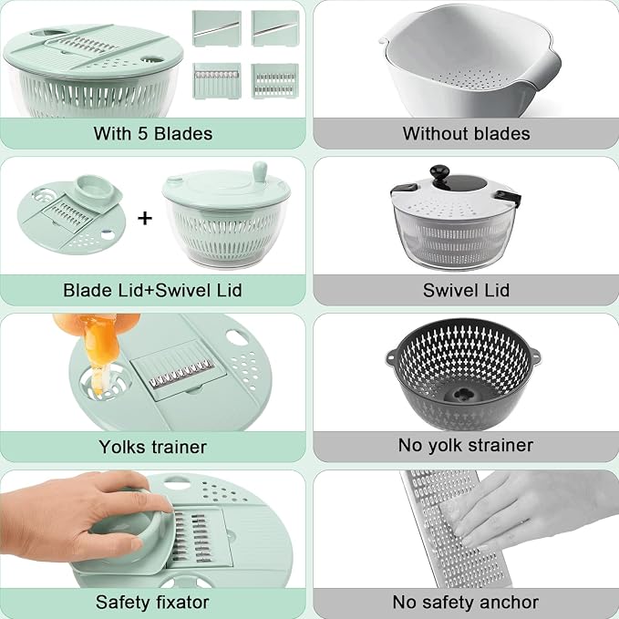 Salad Spinner Large, 5.3 QT 5 IN 1 Lettuce Spinner Dryer with 5 Blades Slicing and Pureeing Vegetables Wash Bowl Kitchen Gadgets for Efficient Salad Preparation Food Washing