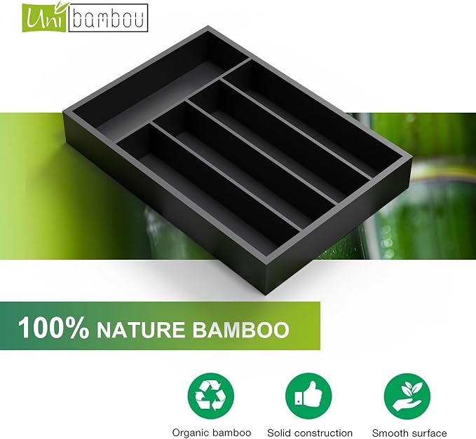 Unibambou Bamboo Silverware Drawer Tray, Kitchen Flatware Organizer, Black | 5 slots kitchen storage tray, Natural Bamboo Material, Perfect organizer for flatware cutlery utensils, 9.8"W x 13.8"D x 2"H