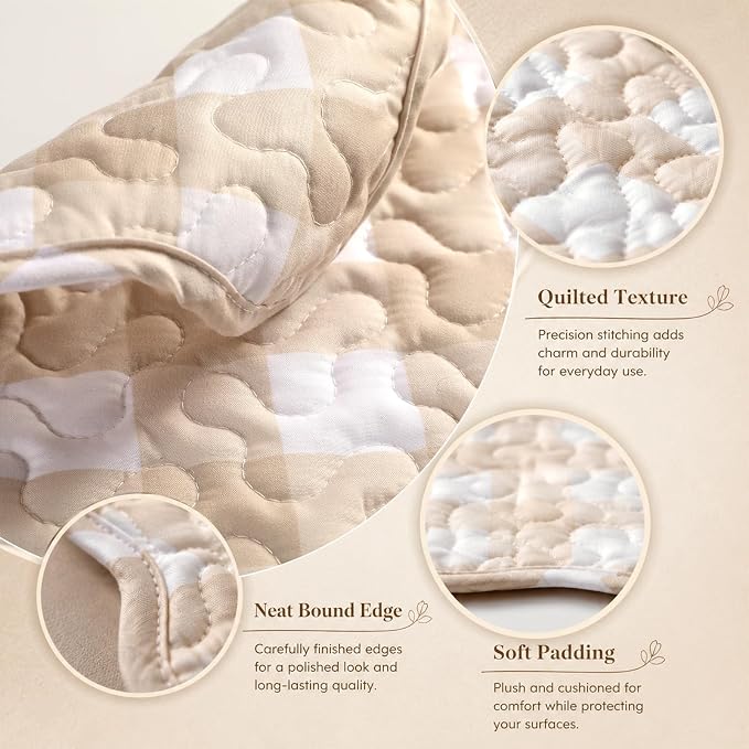 Quilted Placemats Set of 6, 18" x 13" Large Scalloped Cotton Placemat Washable Cloth Flowers Table Mats for Summer Party Kitchen Dining Farmhouse Cottagecore Decor(Gingham Milkshake Tan)