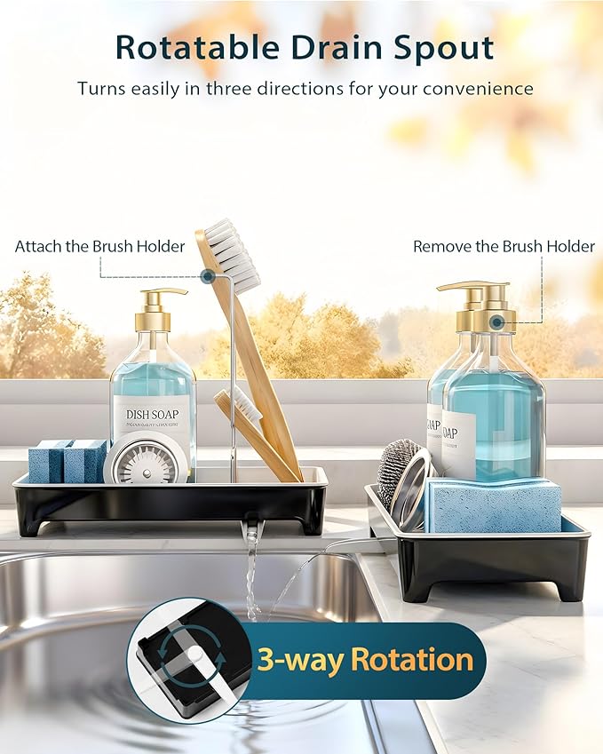 Minimalist Sink Caddy, Rustproof Sponge Holder for Kitchen Sink Black | Large Rustproof countertop organizer with 304 stainless steel brush holder, raised ridges and silicone drain tube