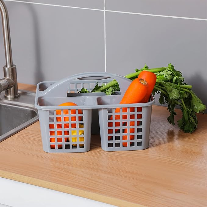 Portable Shower Caddy Basket Plastic Storage Basket with Compartments Grey | Sturdy Large Capacity Cleaning Supplies Organizer Divided Tool Bin for Bathroom Kitchen Bedroom College Dorm Essentials