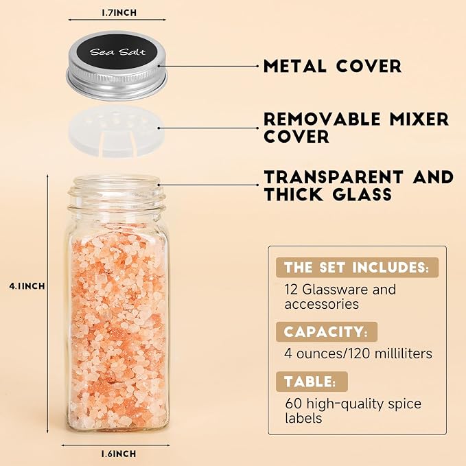 12Pcs Spice Jars with Label, 4oz Empty Square Seasoning Containers, Spice Jars with Shaker Lids, Small Spice Bottles for Salt, Herbs, Sugar, Pepper, Seasoning Jars for Spice Rack, Cabinet, or Drawer