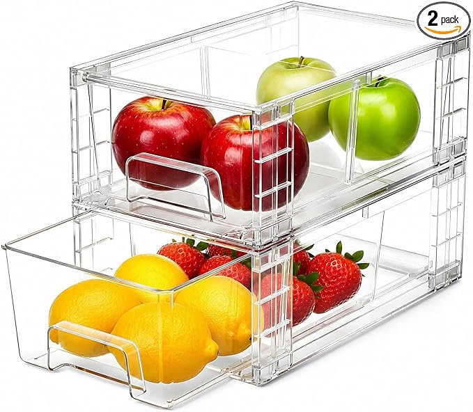 2 Pack Stackable Storage Drawers,Plastic Organizers Bins, Drawers Storage with Handles and Movable Dividers for Organization and Storage in Fridge,Bathroom, Pantry, Kitchen Cabinets, Under Sink