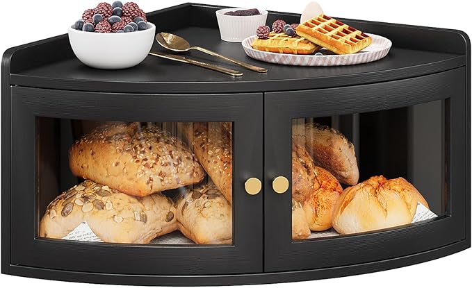 Trironsun Corner Bread Box for Kitchen Counter with Acrylic Transparent Door Bamboo Large Capacity Bread Storage Bin Fan Shape Breadbox Holder for Homemade Bread (Black 1 Layer)