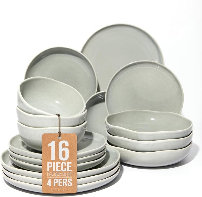 Plates and Bowls Sets, 16 Pieces Dinnerware Set for 4 with Pasta Bowls, Handmade Dishes Set, Chip Resistant Dishware Sets, Microwave Safe Dinner Set, Designed for Interactive Meals, Gray Green
