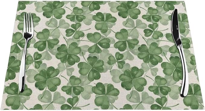 St Patricks Day Placemats Set of 4, Dark Green Clover Shamrock Decorative Table Mat 12 x 18 Inch Heat Resistant Non Slip Line Fabric Place mat for Holiday Party Kitchen Dining Decor