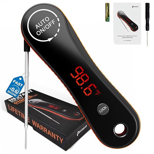 Meat Thermometer Digital, 0.6s Instant Read Cooking Thermometer for Grill | Foldable Probe BBQ Thermometer with LED Display, Auto On/Off & Lock Function for Kitchen, Deep Fry, Roast