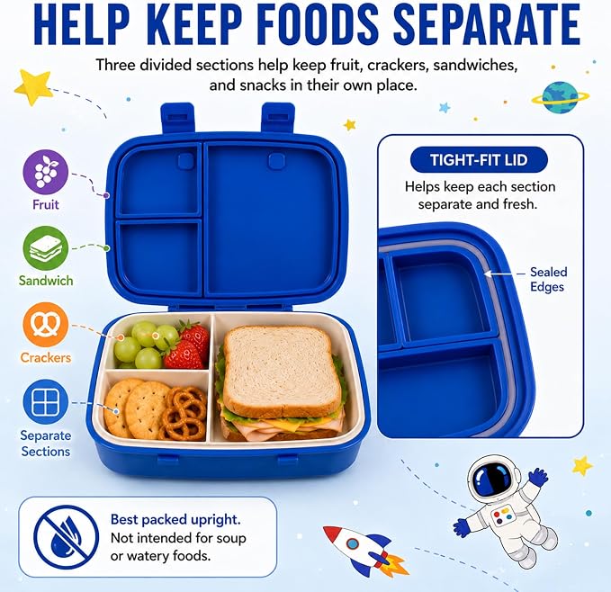 MISS BIG Kids Bento Lunch Box, Blue Astronaut, Microwave Safe, 800ml | Boys school lunch box with 3 sections for daycare, preschool, kindergarten, sandwiches, fruit, yogurt, dips, and snacks