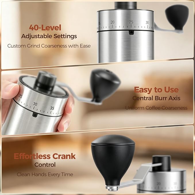 YQE Mini Manual Coffee Grinder with 40 External Grind Settings, Ceramic Conical Burr Hand Coffee Grinder, Portable Coffee Bean Mill for Espresso, Pour Over, French Press, Camping, Travel
