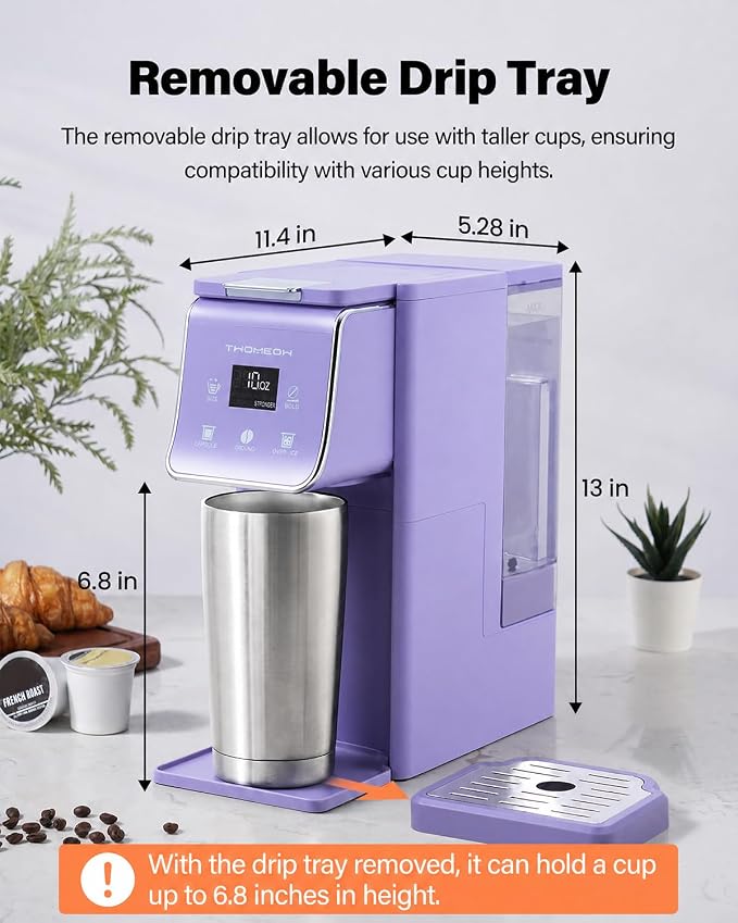K Cup Coffee Maker, Single Serve Hot & Iced for K-Cup & Grounds | 52oz Removable Reservoir, Single Cup Coffee Maker with Bold Setting, 6-14oz Brew Sizes, Reusable Filter, Compact, Purple