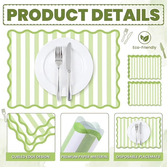 100 Pcs Green Stripe Paper Placemats 14 x 10 Inch Scalloped Checkered Place Mats Disposable Paper Kitchen Place Mats for Spring Party Home Dining Table Decor Wedding Bridal Shower