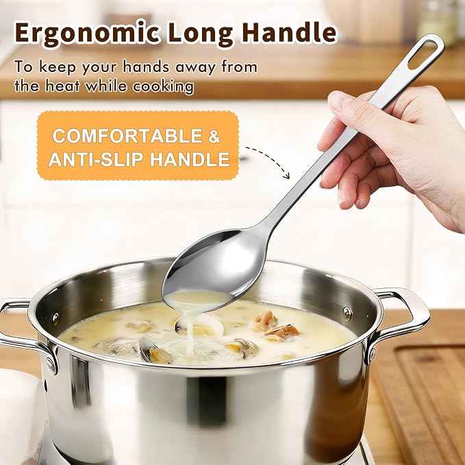 2 Pcs Stainless Steel Cooking Spoons Set, Solid & Slotted Metal Serving Spoons, Heavy Duty Sturdy Large Soup Ladle, High Heat Resistant Kitchen Cooking Utensils for Mixing, Stirring, Easy to Clean