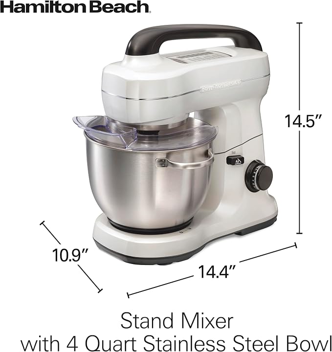 Hamilton Beach 4 Qt Electric Stand Mixer With 7 Speeds, Easy-Carry Handle | Planetary Mixing For Full Bowl Coverage | Splash Guard | 300 Watts | Whisk, Flat Beater, Dough Hook | Mixing Guide | White