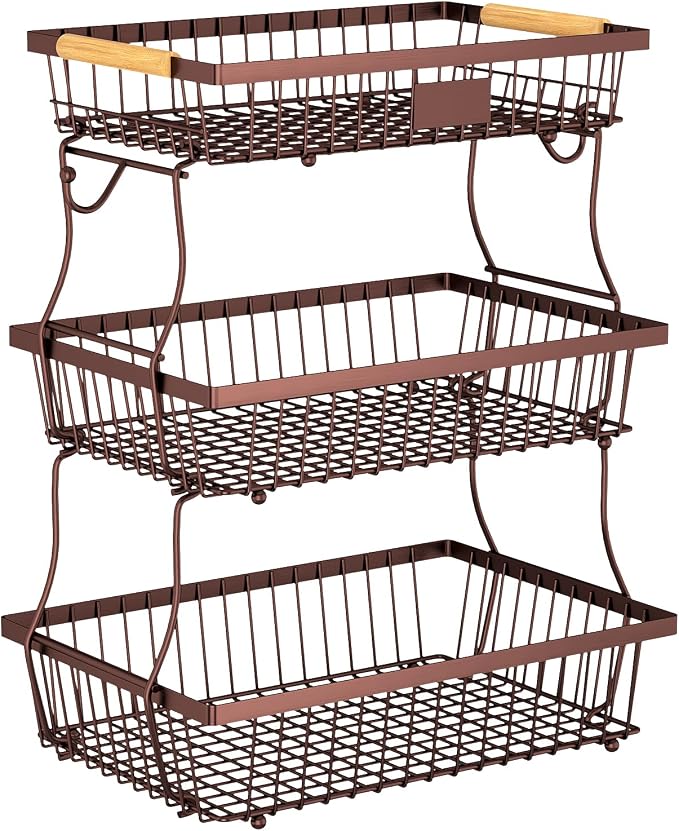 3 Tier Fruit Basket for Kitchen Counter with 2 Banana Hangers, Countertop Metal Fruit Bowl with Wooden Handle, Large Storage Stand for Vegetables, Snacks, Breads, Produce Storage – Brown
