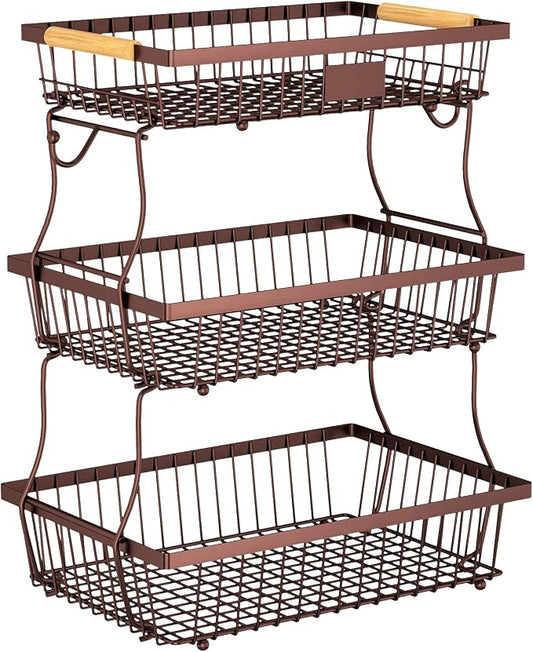 3 Tier Fruit Basket for Kitchen Counter with 2 Banana Hangers, Countertop Metal Fruit Bowl with Wooden Handle, Large Storage Stand for Vegetables, Snacks, Breads, Produce Storage – Brown