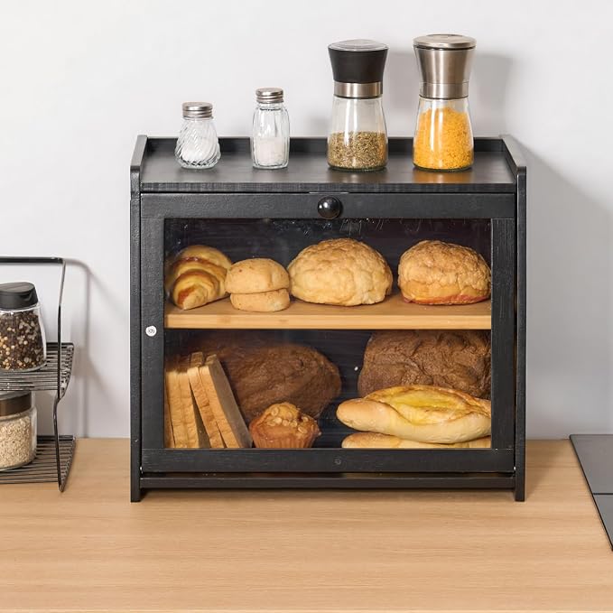 VEVOR Double Layer Bread Box for Kitchen Counter, Large Capacity Bamboo Bread Storage Container, Farmhouse Wooden Breadbox for Homemade Bread, Storage Holder Bin with Acrylic Wavy Door Panel, Black