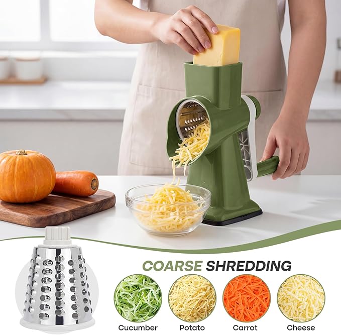Rotary Cheese Grater, Cheese Grater Hand Crank, 3-Blade Grater | 3 stainless steel drums create fine shreds,coarse grates and slices for cheese, vegetables, salads, pizza and daily meal prep