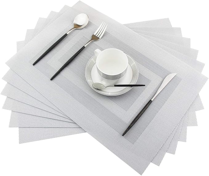 PIGCHCY Placemats Set of 6,Washable Woven Vinyl Kitchen Table Mats Non Slip Placemats Durable Heat Resistant Placemats for Dining Table(Silver White)