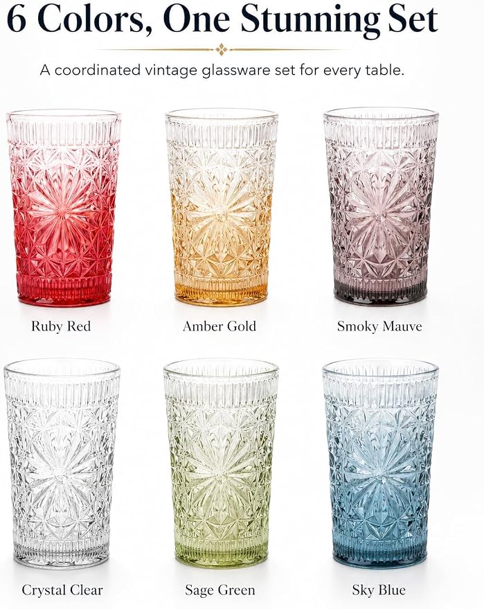 Colored Vintage Drinking Glasses Set of 6, 13 oz Gradient Embossed Highball Glasses, Textured Glass Cups Tumblers for Water, Iced Coffee, Juice & Cocktails, Dishwasher Safe(Dahlia style)