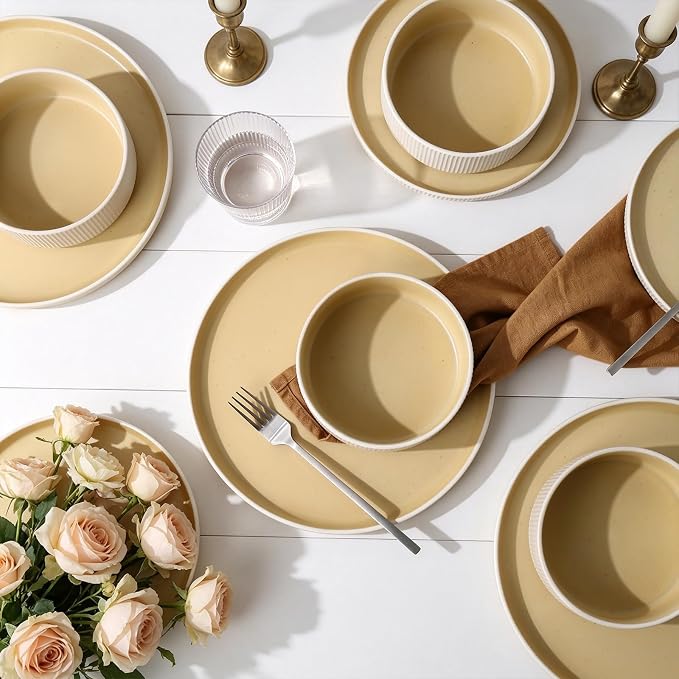 18PCS Ceramic Dinnerware Set for 4,Stoneware Plates and Bowls Sets | Reactive Glaze Dish Set,Scratch Resistant Tableware Set,Reactive Glaze,Microwave & Dishwasher Safe,White Orange
