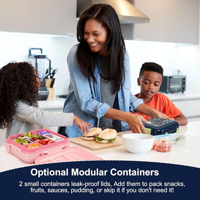 Caperci Bento Box for Kids Age 4-8 - Leak-Proof Toddler Lunch Box Container with 2 Modular Containers & 4-Compartment, Hold 4.8 Cups, Portable Handle, BPA-Free, Microwave/Dishwasher Safe (Dinosaur)